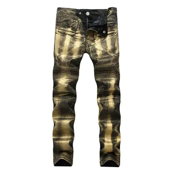 

Men Motorcycle Biker Jeans Slim Fit Moto Jeans Trousers For Male High Street Straight Pleated Gold silver stretch Denim Pants