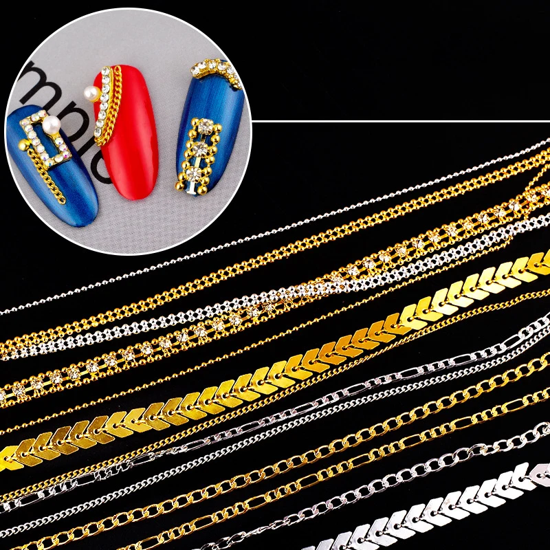 

3D Metal Nail Art Decoration Gold Silver Metal Chain Beads Line Multi-size Fish Bone DIY Manicure Nail Accessories Tools