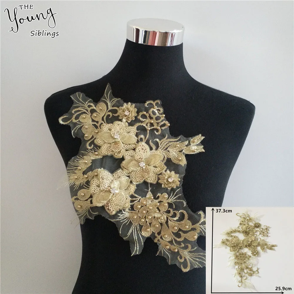 

New arrive gold Embroidery Applique Sequin 3D flower Sewing Lace Neckline DIY Craft ABS pearl Tulle Lace Collar Dress Accessory
