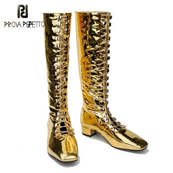 

Prova perfetto Hot Style Bling Shining Woman Motorcycle Boots Square Toe with Back Zipper Gold Solid Color Breathable Boots