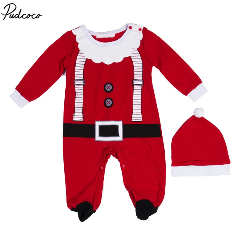 

0-24M New Christmas Clothes Baby Rompers Boy Girl Kids Romper Hat Cap Set Santa Claus Baby Costume Christmas Gift