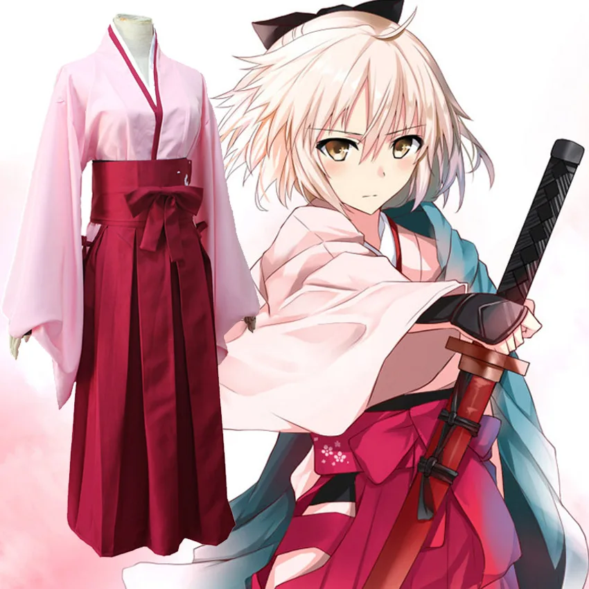 

Anime FGO Fate Grand Order Sakura Saber Okita Souji Kendo Uniform Cosplay Costume Full Set Kimono Halloween Party Outfit
