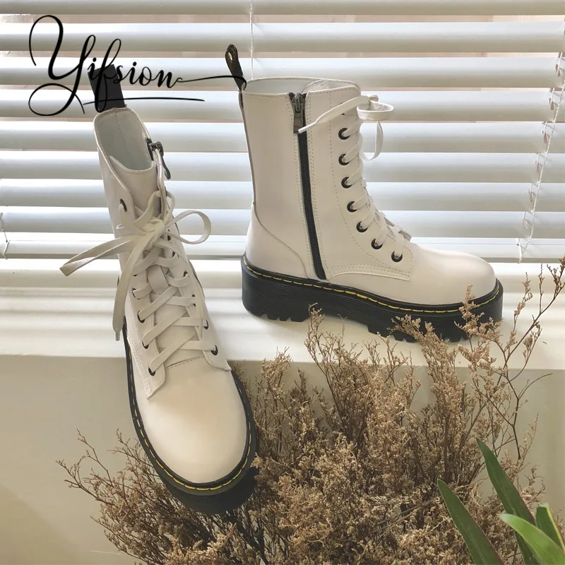 

OLOME New Black White Genuine Leather Women Ankle Boots Round Toe Side Zip Women Autumn Winter Platform Boots Shoes Woman