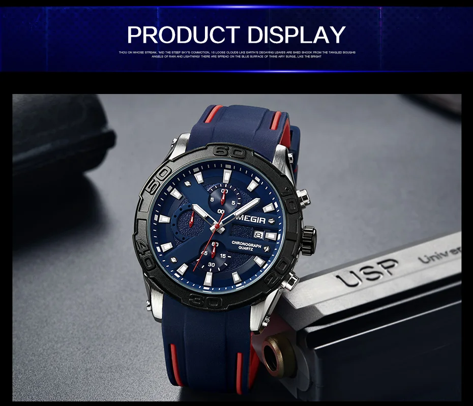 MEGIR спортивные кварцевые часы с хронографом для мужчин, силиконовый ремешок, военные армейские светящиеся водонепроницаемые наручные часы Relogios 2055G-BK-7