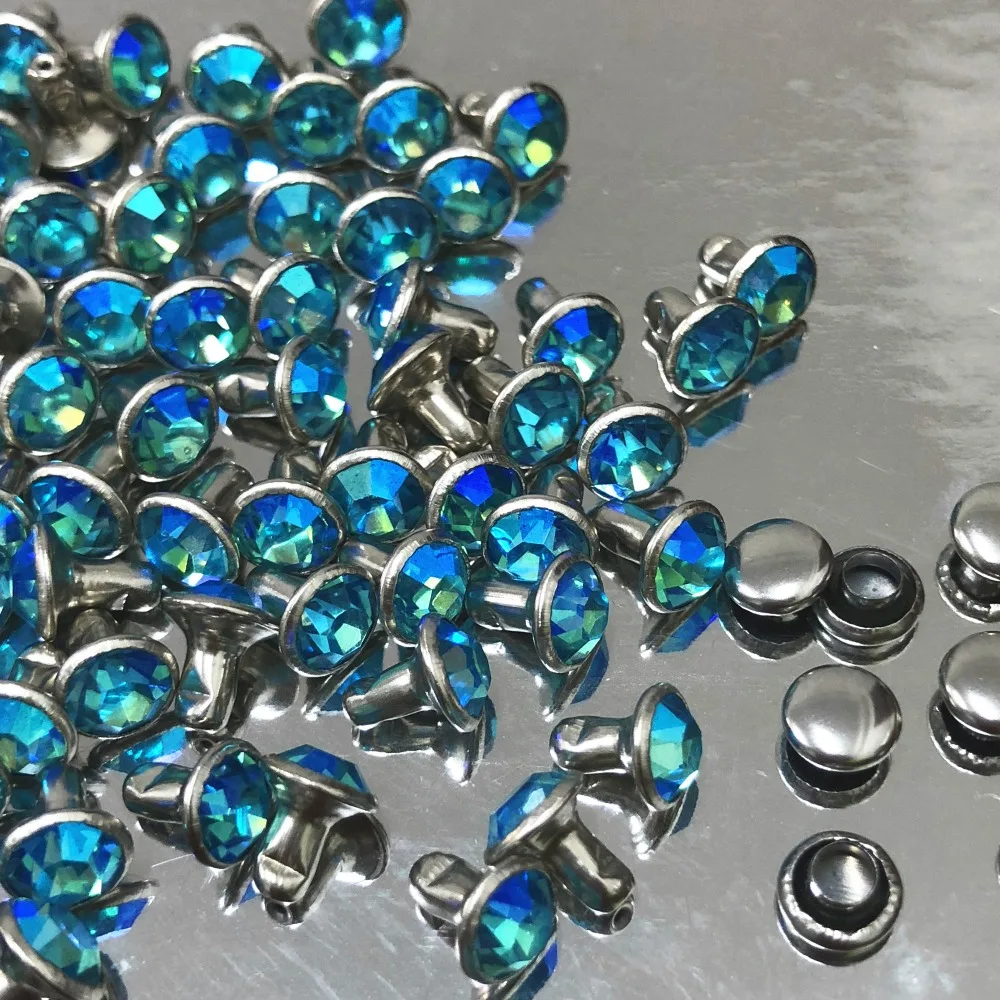 

50Sets 6MM CZ+++ Aquamarine Crystals Rhinestone Rivets AB Plated Rivets Assorted Cabochon Rivets Fit DIY Making Shipping Free