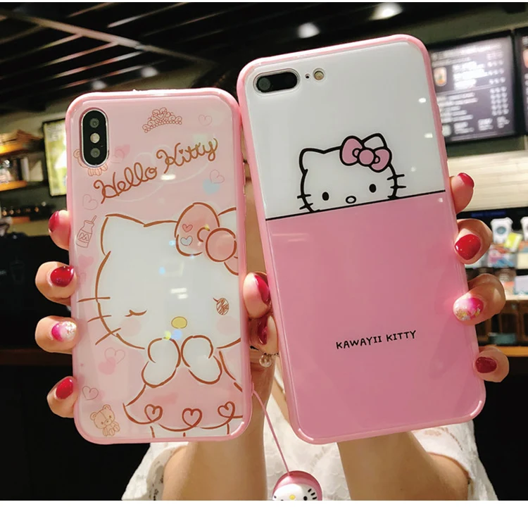 For iPhone X Hello Kitty case for iPhone 7/8 plus cute glass back cover for iphone 7 8 soft silicone pink edge phone shell+strap