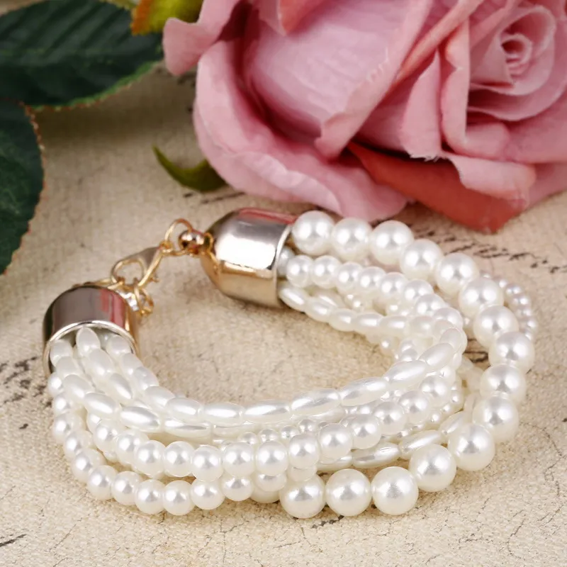 

Sweet Girl Bracelet Statement Multilayer Pearl Jewelry Women Fashion Trendy Oval Simulated Pearl Bracelets Alloy Adjustable