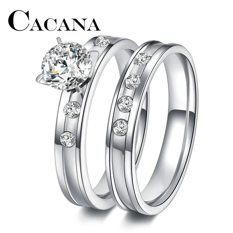 CACANA Stainless Steel Wedding Ring For Lovers IP SILVER Color Crystal CZ Couple Rings Set Men Women Engagement Wedding Rings