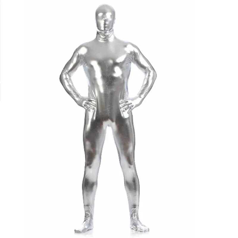 Высокое качество мужские латексные костюмы Zentai из ПВХ блестящий металлический