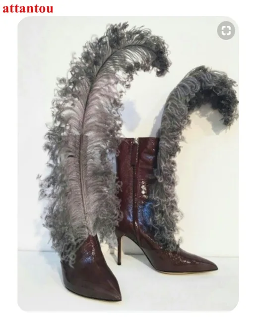 

chic feather decor women ankle boots pointed toe short boots thin heel high heels 2018 newest fashion sexy graceful footwear
