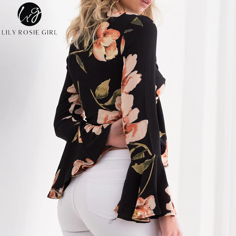 Lily Rosie Girl Bow Tie Crop Sexy Women Blouses Floral Print Long Flare Sleeve Short Shirts Boho Beach Black Shirt Ladies Blouse