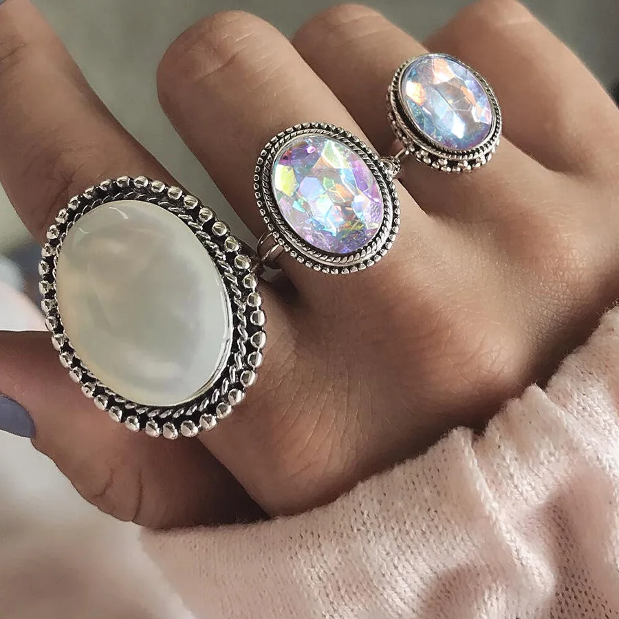 

RAVIMOUR 3pcs/Set Punk Finger Rings for Women Female Vintage Opal Resin Wedding Knuckle Ring Set Fashion Jewelry Accessories