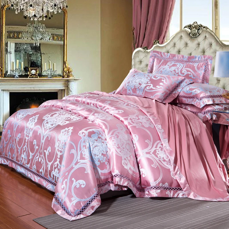 

Light Pink Flowers Jacquard Bedding Silk Cotton Blend Queen King Size 4pcs Duvet Cover Flat Sheet Pillow Case