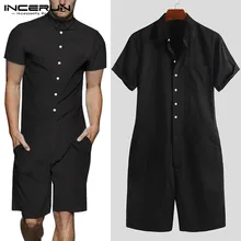 INCERUN летние новые мужские одноцветные уличные повседневные мужские с отворотом шеи короткий рукав рубашка рабочие личные уличные мужские комбинезоны
