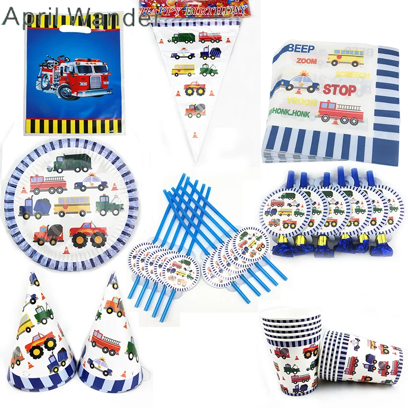 

cartoon vehicle Party Plate Napkins tablecloth Cup Construction vehicle Birthday Party Supplies disposable tableware decorations