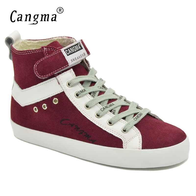 CANGMA Designer Woman's Boots Wine Red Casual Shoes Genuine Leather Sneakers Women Lace Up Cow Suede Shoes Ankle Boots Female cangma original luxury man s boots casual shoes ankle boots brand sneakers men lace up patent genuine leather male silver shoes