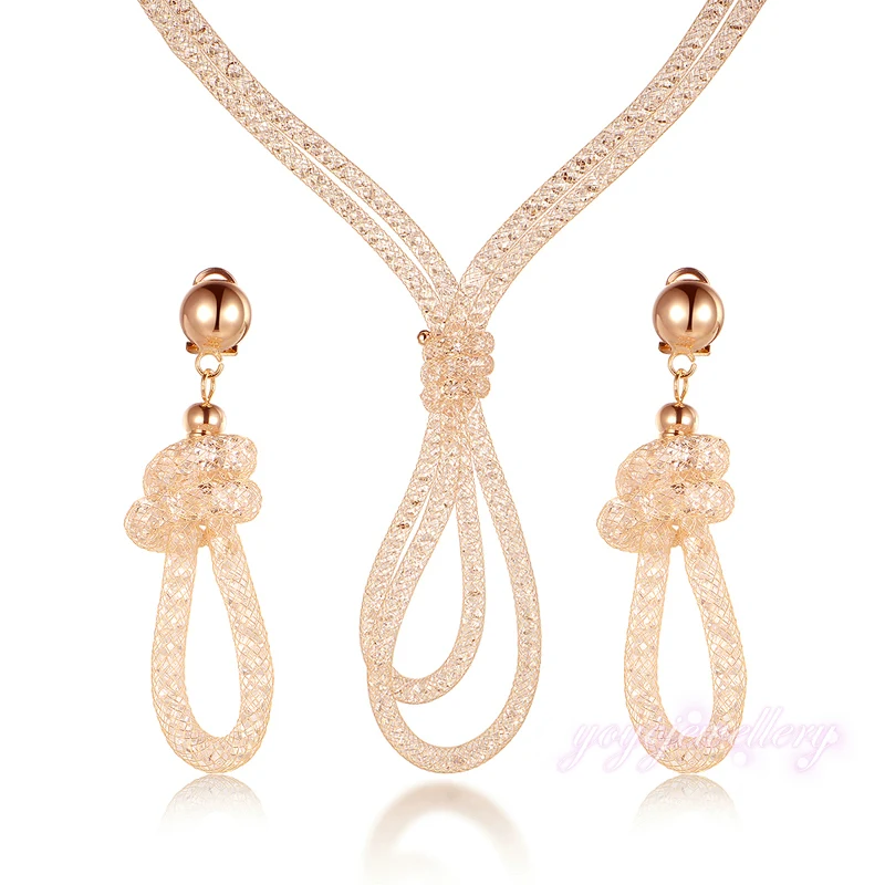 Rope Design Stardust Necklace and Stardust Earrings Sets Wire Mesh Net Crystal Jewelry Sets For Women