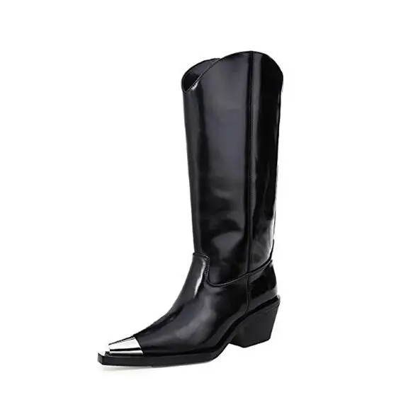 

Fashion Cowleather Mid-calf Boots 2018 Pointed Toe Thick Heels Woman Ankle Boots Ins Style Metal Decorations High Heel Boots