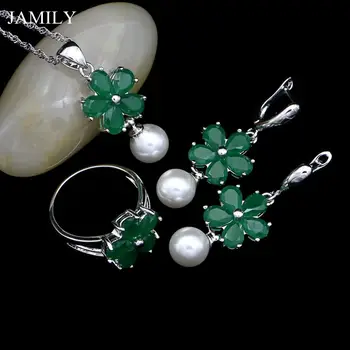 

Fashion Cute Silver 925 Bridal Jewelry Sets For Women White Pearl Beads Green Cubic Zirconia Earrings/Pendant/Ring/Necklace
