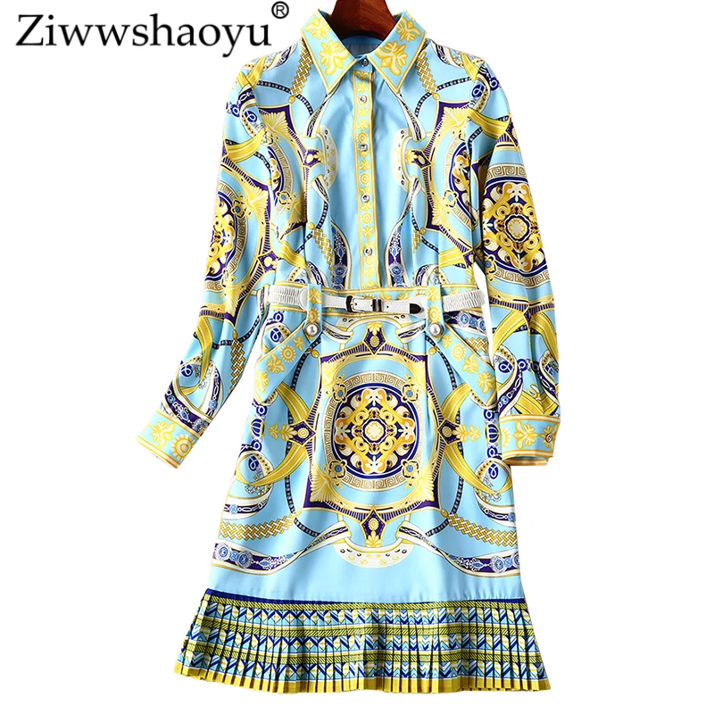 

Ziwwshaoyu Elegant Slim dresses Vintage Print Sashes Turn-down Collar temperament dress 2019 spring and summer new women