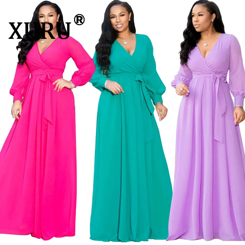 XURU летнее Новое Женское шифоновое платье, модное сексуальное однотонное платье с v-образным вырезом, большое Свободное платье, пляжное платье большого размера