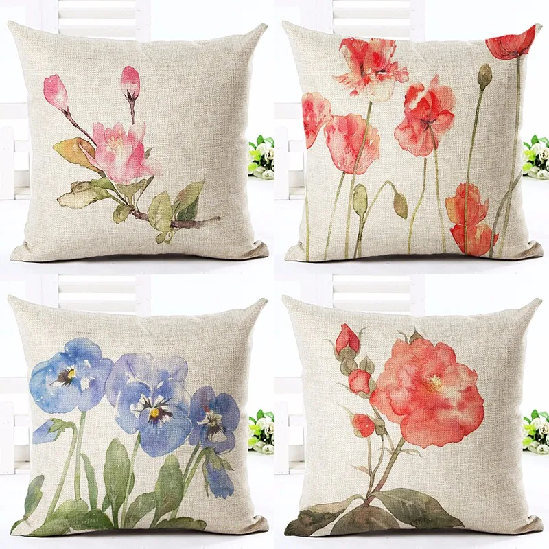 Red Flower Cushion Cover Textile Printing Throw Pillow Cover Houseware