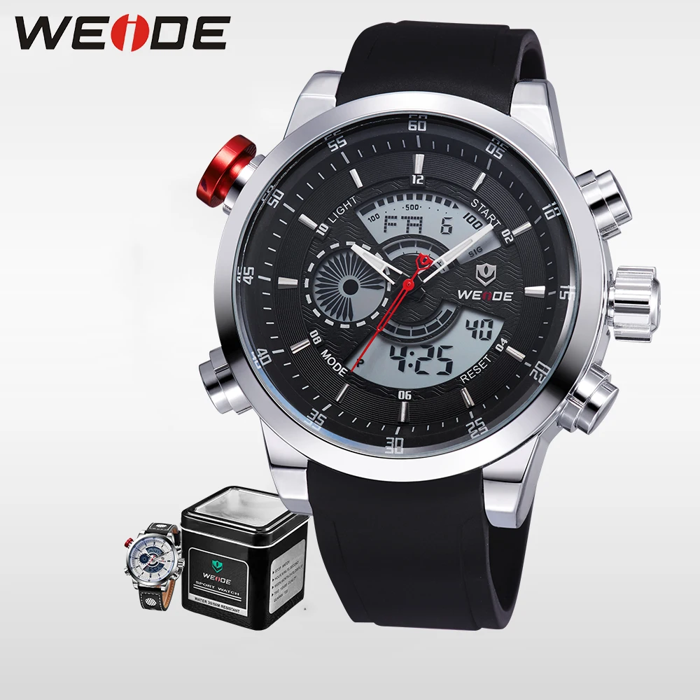 

WEIDE Quartz Sports Wrist Watch Casual Genuine Mens LCD Analog Digital Dual Time Watch Black Waterproof Watches Original Gifts