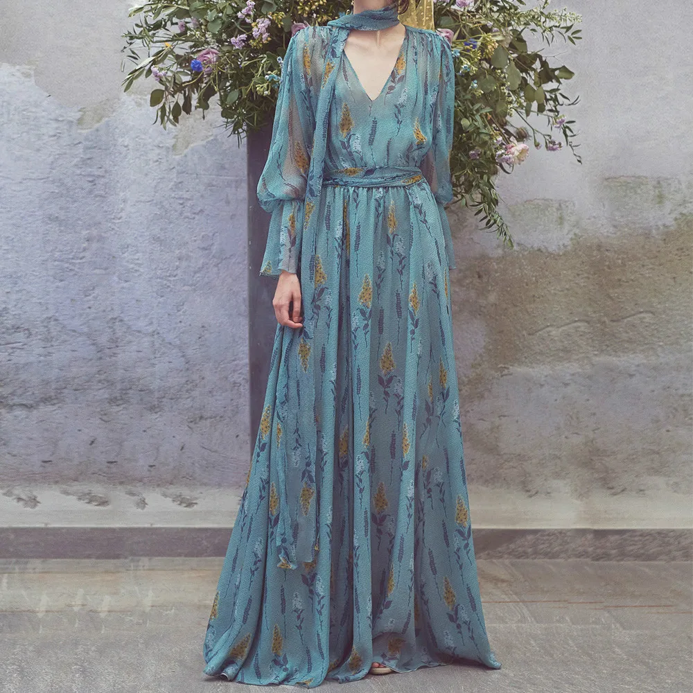 Lange Mouw Jurk bule Tropische Strand Vintage Maxi Chiffon Jurken Boho Casual V-hals Riem Tuniek Gedrapeerde Plus Size Jurk