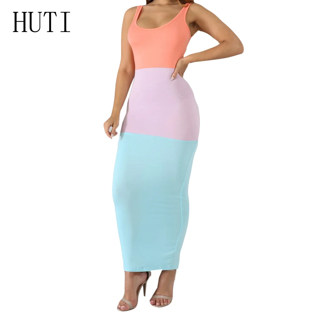 

HUTI Summer Women's Bohemian Beach Dresses Personality Slim Patchwork Pencil Dress Sexy Sleeveless Boho Casual Club Party Dress