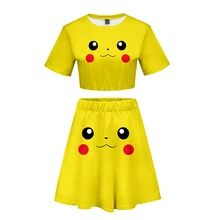 Костюм с короткой юбкой с покемоном, детективом Пикачу популярный костюм из футболки с короткими рукавами и короткой юбки повседневный комплект из двух предметов высокого качества