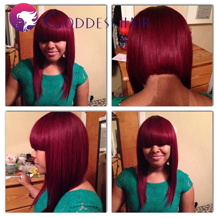 Pure Burg Full Lace Human Hair Wigs With Chinese Bangs For Black