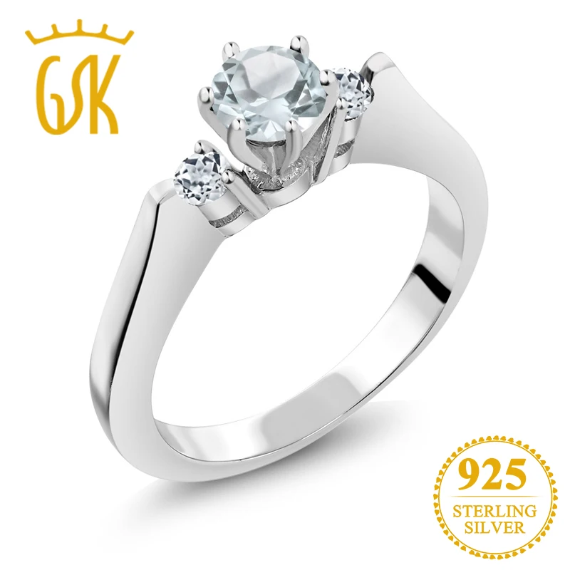 

GemStoneKing 0.61 Ct Round Natural Sky Blue Aquamarine White Topaz 925 Sterling Silver 3-Stone Ring For Women Fine Jewelry