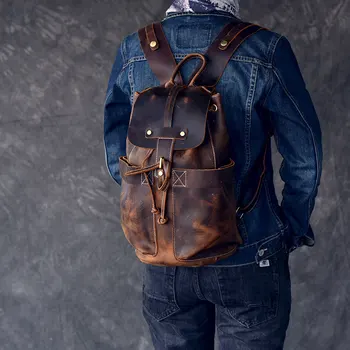 

man travel bag mountaineering backpack handmade Oil Genuine Leather Large capacity drawstring bucket shoulder bag Daypack Male