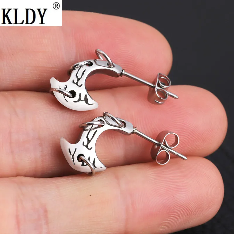 

KLDY Dolphin Earrings Stainless Steel Fashion women small Earring Punk Rock Men Ear Studs Axe design Viking Jewelry wholesale