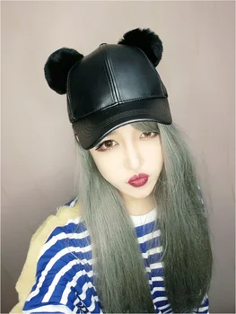 

B179126 fashion 2018 spring and autumn, with double rabbit fur double pompom women pu peaked cap