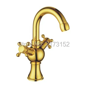 

Royal Gold Plated Rotatable Double Wheel Handle Bathroom Faucet Swivel Curved Basin Sink Mixer Tap G-046