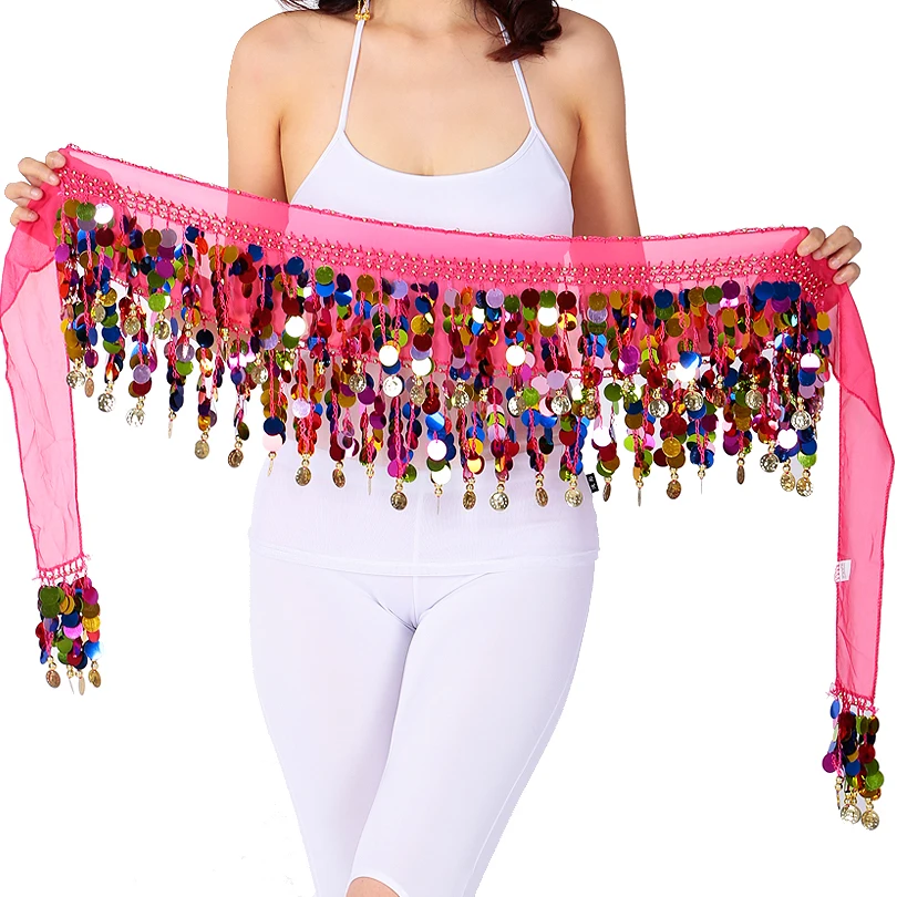 

2 Layers Sequins Fringe Belly Dance Costume Hip Scarf Indian Dancer Belt Waist Chain for Dance Performance Wrap Skirt Chiffon