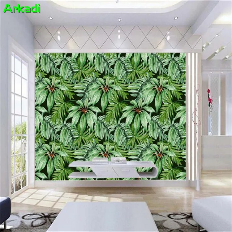 3d custom mural tropical rainforest plant green banana leaf background