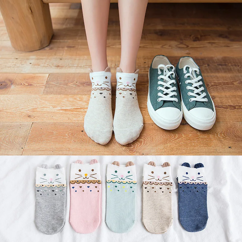 5 Pairs Lot Cotton Women Socks Female Casual Boat 3D Pack Cartoon Harajuku Unicron Cat Cute Invisiable Funny Girl Ankle Sock Set