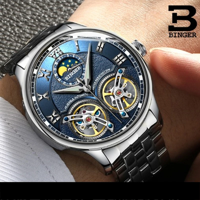 Двойной Tourbillon, швейцарские мужские часы, BINGER, оригинальные автоматические часы, мужские Модные механические наручные часы, кожаные часы