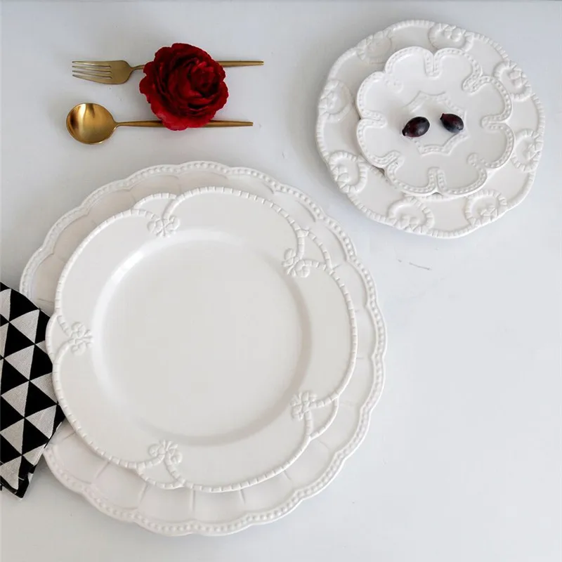 Food Tray Dessert Flat Plate, Steak Dish, Dinnerware, Elegant, Soild White, Delica Basso-relievo, Wedding Dinner Plate Utensil,