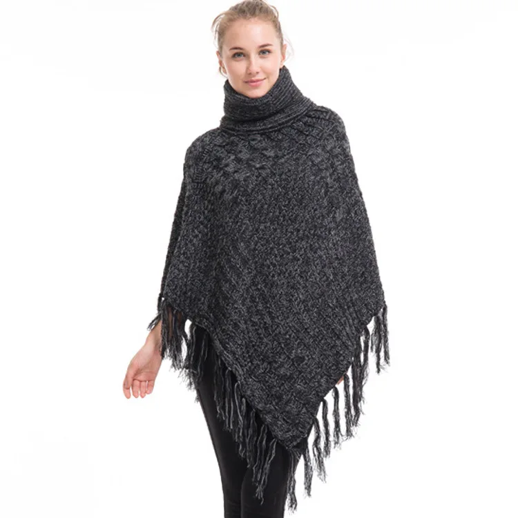 

2019 New autumn winter thick high-collar Tassel large size loose warm cloak Cape European and American fashion knitted