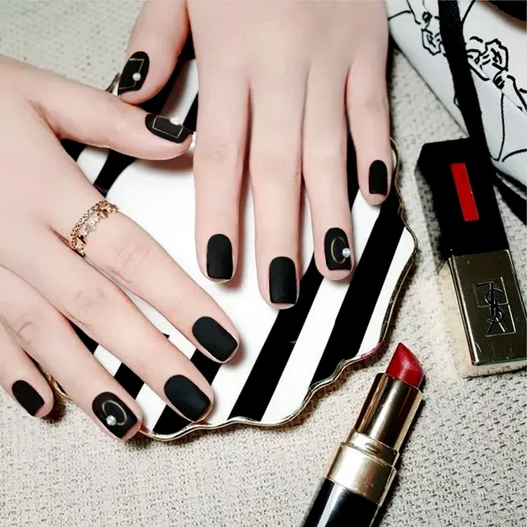 

24 pcs Full Nail Tips Full Finished Artificial Fake Nails Punk Black Matte False Nails Pearl Decor Long Design Square Head ^
