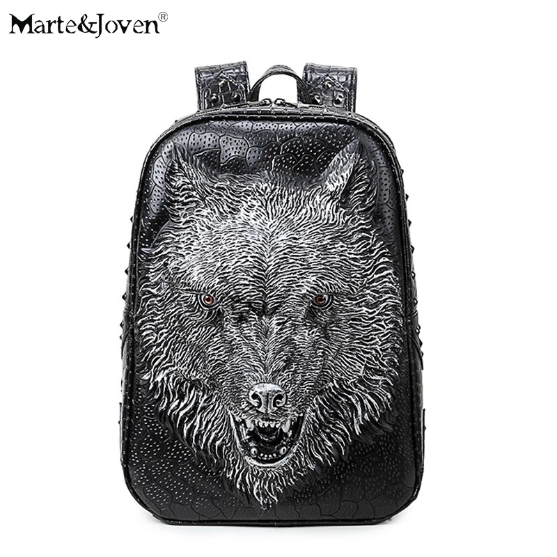 Brand Antique PU Leather Black 3D Lion Head Backpack Women Men Personality Rivet Animal Schoolbag Large Capacity Laptop Backpack