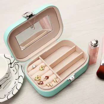 

Cute Leather Cosmetix Box Jewel Case Ring Ear Stud Necklace Jewelry Storage Box with Mirror