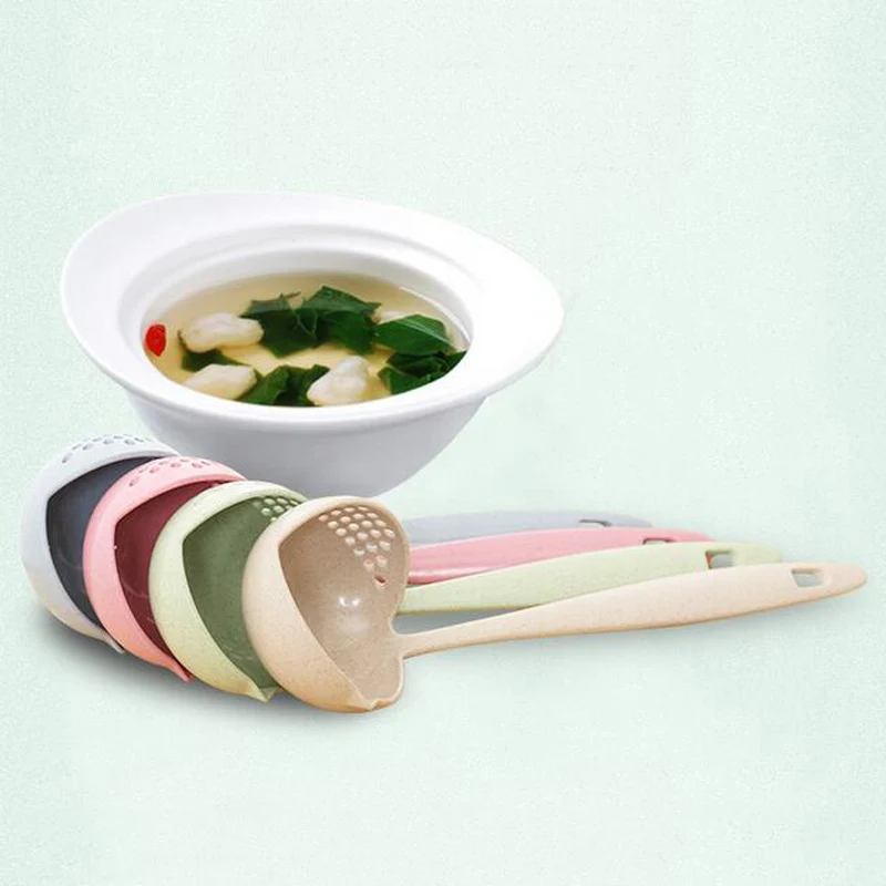 FHEAL 2 in 1 Creative Wheat Straw Soup Spoon Long Handle Lovely Porridge Spoons with Filter Dinnerware Kitchen Colander Tools (14)