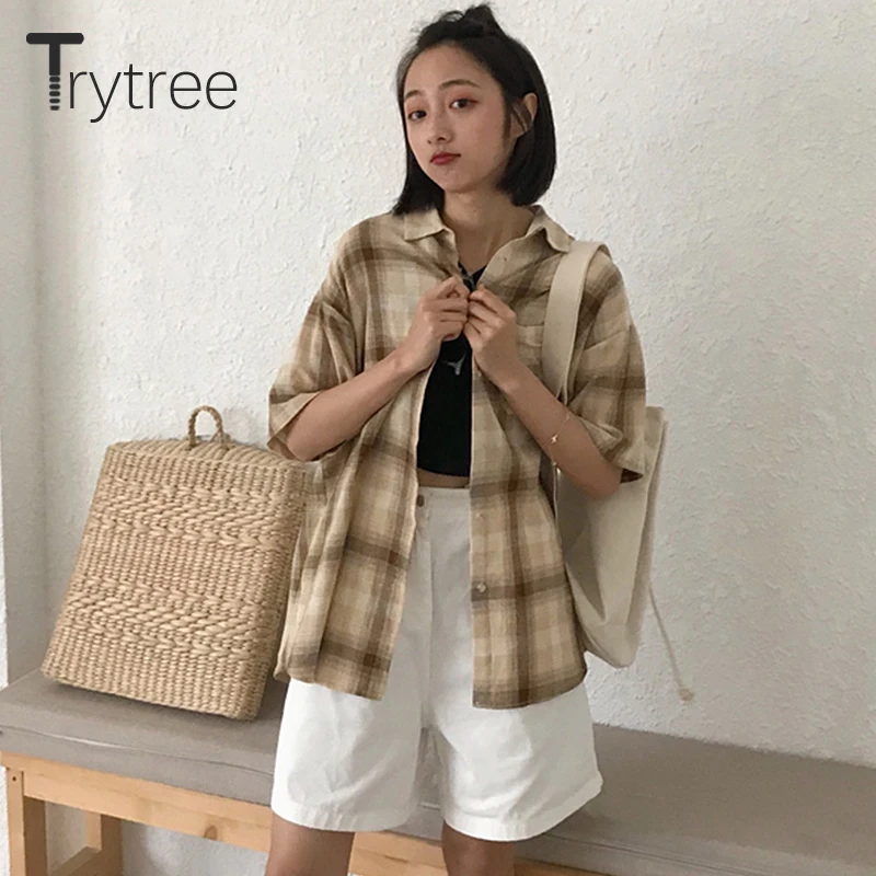 Ttytree 2019 Spring Summer Blouses Casual cotton shirt Women Turn-down Collar Tops Plaid Polyester Shirts Casual Soft Blouse Ttytree 2019 Spring Summer Blouses Casual cotton shirt Women Turn-down Collar Tops Plaid Polyester Shirts Casual Soft Blouse