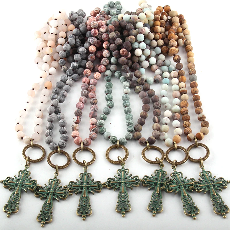 Fashion Bohemian Tribal Jewelry Natural Semi Precious Stones Knotted Metal Cross Necklace | Украшения и аксессуары