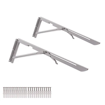 

20-Inch Metal Triangle Table Bench Folding Shelf Brackets , 2 Pcs Folding Shelf Hinge Wall Mounted with Mounting Screws