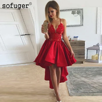

Sexy Red Girl Prom Satin Dresses Spaghetti Straps Appliques High Low Formal Evening Gown Dress Custom Made